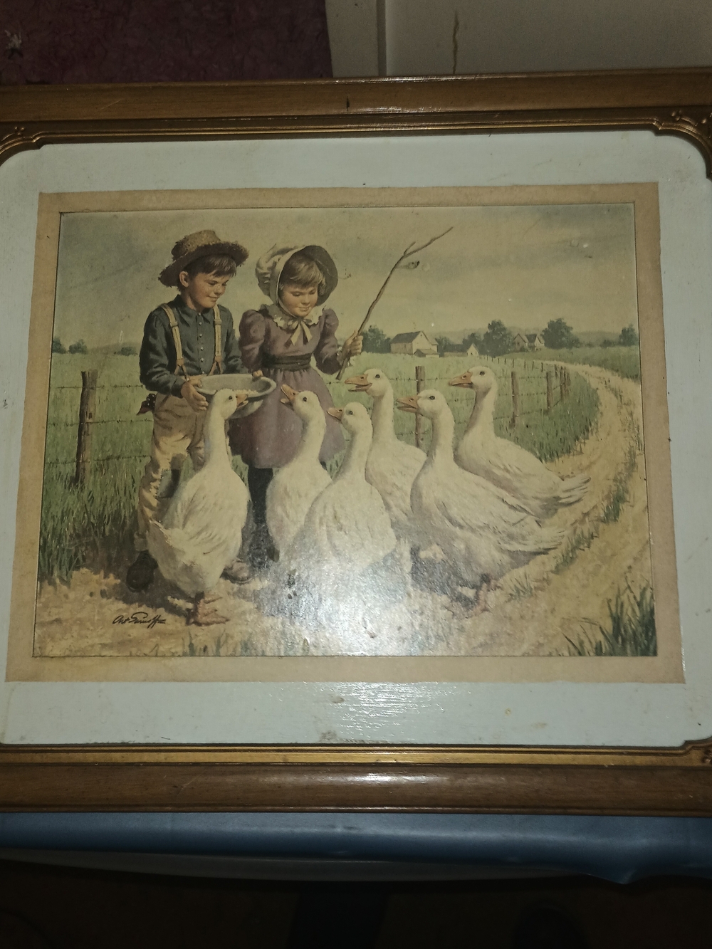 Nostalgic Farmchildren and Geese Art Print - Cream and White